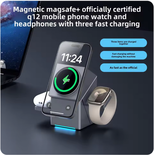3-in-1 Magnetic Wireless Charging Stand with Auto-Rotating Pad